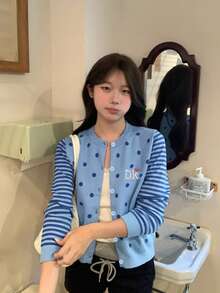 American Style Polka Dot & Striped Knit Cardigan Sweater, Unisex Casual Versatile Short Jacket For Spring/Autumn (Random Polka Dot) - Blue - View 3