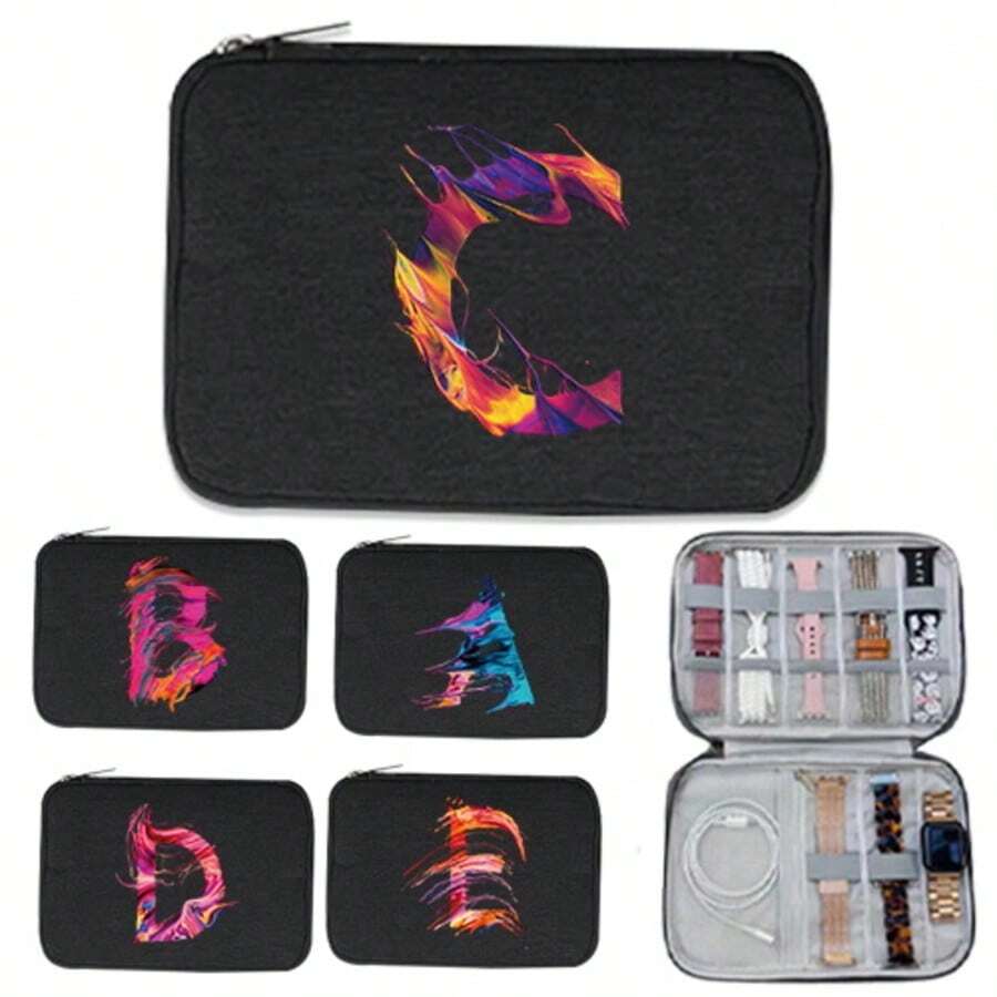 Smart Watch Wriststrap Storage Bag Portable Watches Organizer Travel Watch Straps Bag Creative Carrying Case Compatible With Apple Watch Strap Travel Carrying Watchband Watches Bags Accessories Initial Name 26 Letters Pattern - Black - View 1