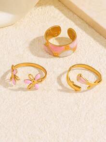 3pcs Stainless Steel Pink Fashion Elegant Geometric Rose Flower Ring Set, Suitable For Women's Daily, Holiday, Shopping Wear - Multicolor - View 5