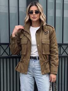 1pc Women's Fashion Solid Color Long Sleeve Front Zipper Minimalist Casual Short Jacket, Khaki High Neck Long Sleeve Jacket With Button Details And Pockets, Regular Hem, Non-Stretch - Brown - View 4