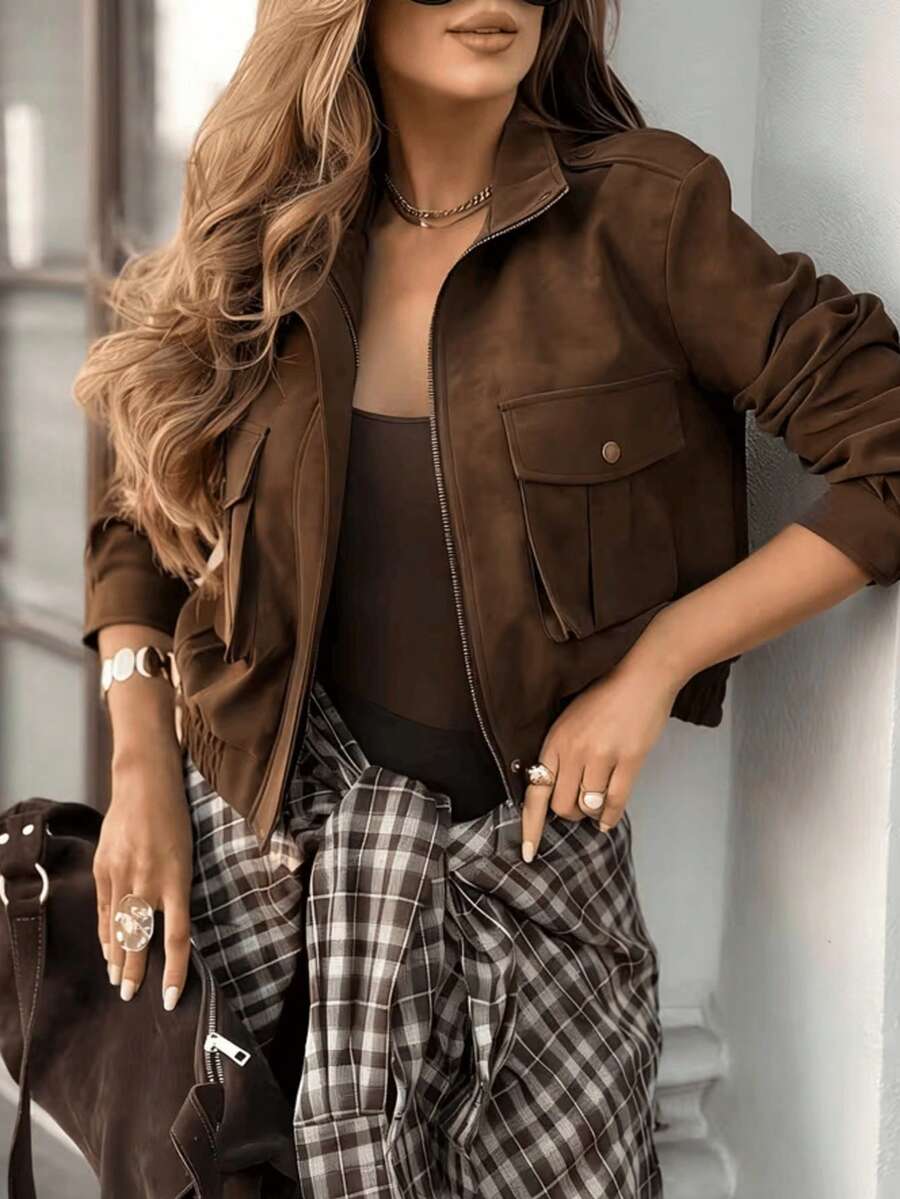 Women's Brown Short Jacket With Stand Collar, Hem Cuffs And Pockets, Suitable For Spring And Autumn Daily Commute - Brown - View 1