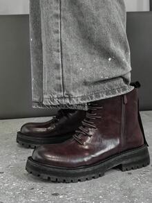 ZCZ Men's Textured Surface Lace‑Up Ankle Boots, Side Zip Thick Sole Casual Short Boots, Wine Red - Burgundy - View 8