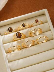 8pcs/Set Vintage Rugged Tiger Eye Stone Ring Set, Minimalist Design, Suitable For Party, Gift For Friends And Family, Daily Wear - Yellow Gold - View 3