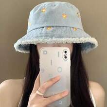 3pcs Light Blue Denim Women's Bucket Hat, Embroidered Floral Frayed Edge Bucket Hat, Big Head Friendly Slimming Face Sun Protection Bucket Hat - Multicolor - View 10
