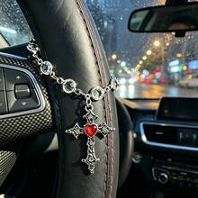 Red Heart Cross Pendant Car Rearview Mirror Accessory, Transparent Chain Paired With Red Heart Cross Pendant Retro Fashionable Car Interior Decoration, The Best Choice For Holiday Gifts - Cross - View 4