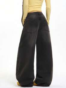1pc Women's Casual Loose Fit Distressed Straight Leg Jeans, Comfortable Wide Leg Denim Pants, Fashionable Streetwear, Suitable For All Seasons (Belt/Accessories Not Included) - Black - View 2