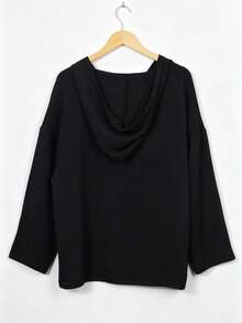 Plus Size Women Vintage Long Sleeve Hooded Shirt, Drop Shoulder Solid Color Top - Black - View 3