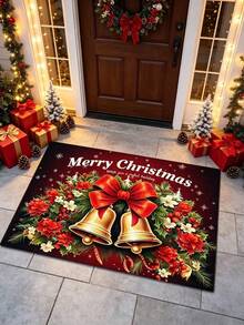 1pc Festive Red Flower Bell Welcome Doormat, Entryway Decor Mat, Small Rug, Welcome Mat, Carpet, Floor Mat, Outdoor Doormat, Kitchen Rug, Home Decor, Front Door Mat, Area Rug, Outdoor Mat, Home Decor, Area Carpet, Garden Rug - Multicolor - View 3
