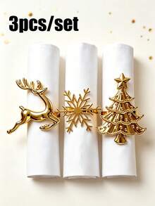 12/6/2/1pc Gold Christmas Theme Napkin Rings, Metal Christmas Tree Napkin Holders, Reindeer, Snowflake, Christmas Tree Shaped Napkin Bands, Holiday Table Decor, Suitable For Christmas Dinner, Holiday Party, Wedding Banquet, Farmhouse Style And Home Table Setting Decoration - Gold - View 12
