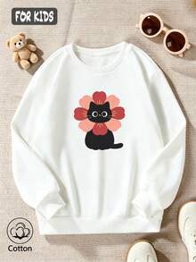 Kids' Loose Fit Crewneck Sweatshirt With Cute Cartoon Cat & Floral Print, Long Sleeve Pullover For Spring Autumn Outdoor Play - White - View 3