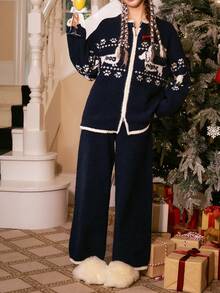 Gongdie 2pcs/Set Women's Christmas Fleece Pajama Set, Winter Navy Blue Fair Isle Pattern Warm Loungewear With Contrast Design And Pockets - Royal Blue - View 11