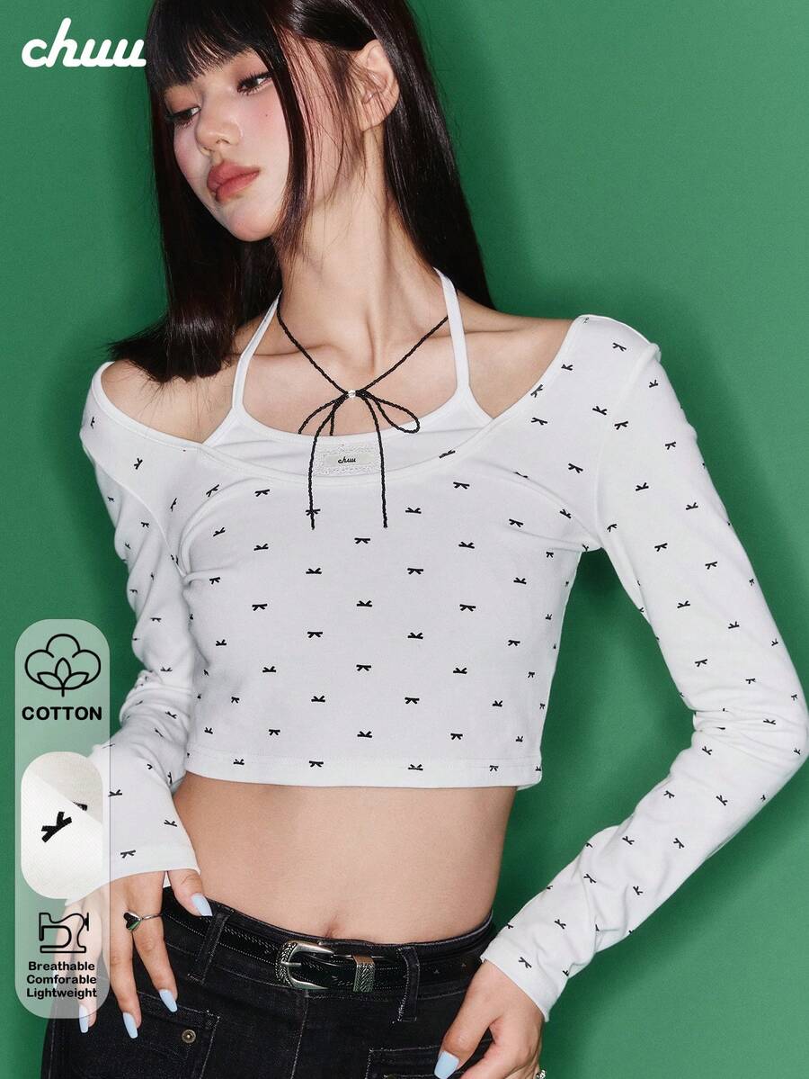 CHUU 女款假兩件拼接長袖T恤,秋季蝴蝶結印花掛脖繫帶上衣 - 白色 - 查看 1