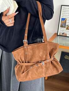Women's Soft Tote Shoulder Bag, Metal Buckle Belt Decor Adjustable Strap Casual Large Capacity Handbag - Brown - View 4