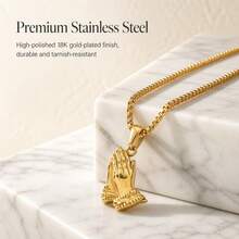 1pc Hip-Hop Style Plated Stainless Steel Hand Pendant Necklace With Box Chain, For Daily Wear - Gold - View 6
