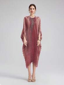 Rich Radi Q's Gaun Kaftan Premium Wanita Panjang Sedang, Leher Bulat Lengan Panjang Tenun Bertekstur, Pilihan Busana Elegan dan Pernyataan Mode - Berwarna merah muda - View 8