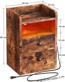 Mesa De Noche De Madera Con LED - EstacióN De Carga - 2 Estantes 2 Cajones - Negro - Ver 3