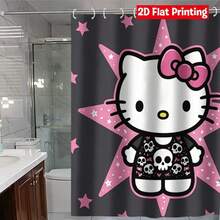 Sanrio Hello Kitty Shower Curtain Set, 4 Pieces, Skull Pattern On Pink Starry Background, Perfect For Halloween. Includes Dark And Fun Designs, Suitable For Bathroom Decor And Party Themes (2 Bathrooms, 1 Toilet Lid Cover) - Shower Curtain Set - View 2