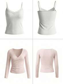 Set 2 Potong Spring Pure Desire: Kaos Lengan Panjang Leher V dan Atasan Kamisol untuk Berlapis - Berwarna merah muda - View 8