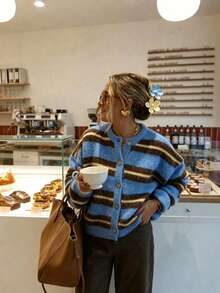 Women's Autumn/Winter Striped Fuzzy Knit Cardigan, Round Neck Button Front Loose Knit Jacket, Casual Coffee Shop Daily Streetwear - Blue - View 2