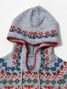 Women's Fall Winter Heather Grey Fair Isle Jacquard Hooded Drawstring Soft Fuzzy Knit Pullover Sweater, Contrast Trim Cozy Casual Daily Holiday Wear - Grey - View 10
