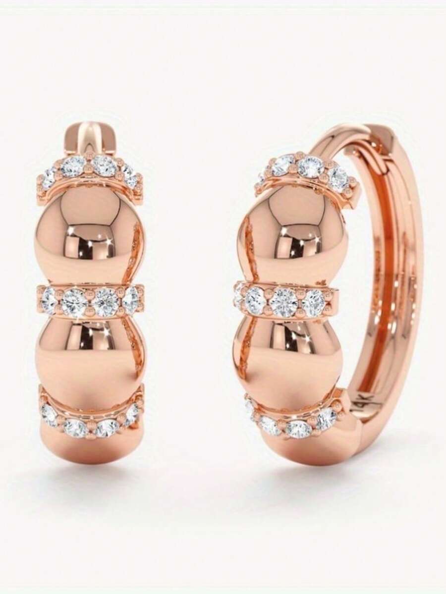 Gmzalx Bông tai vòng đồng tinh xảo, khảm đá Cubic Zirconia tổng hợp, thiết kế hạt tròn tối giản, phụ kiện phong cách đơn giản, quà tặng thanh lịch cho nữ - Hoa hồng vàng - Xem 1