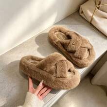 Fuzzy Cross‑Strap Platform Slippers, Women's Warm Plush Open‑Toe House Slippers, Soft Fluffy Indoor Outdoor Flat Slides - Khaki - View 3
