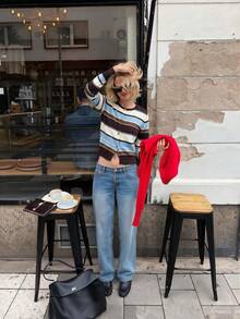 Áo khoác cardigan len dệt kim Sookaug phong cách vintage phối màu khối kẻ sọc, cổ tròn, cúc vàng, dáng ôm slim fit, dáng ngắn, tay dài - Nhiều màu - Xem 4