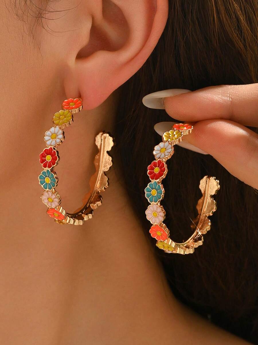 1 Pair European And American Vintage Fashion Elegant C-Shaped Hoop Earrings With Fresh Colorful Daisy Studs - Multicolor - View 1