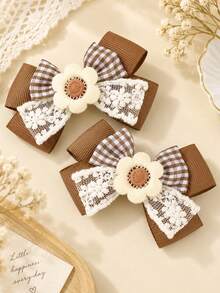 2件組格紋蝴蝶結髮夾，時尚網格格紋髮飾，適合秋冬日常，兒童女孩卡其色雛菊髮飾 - 彩色 - 查看 5