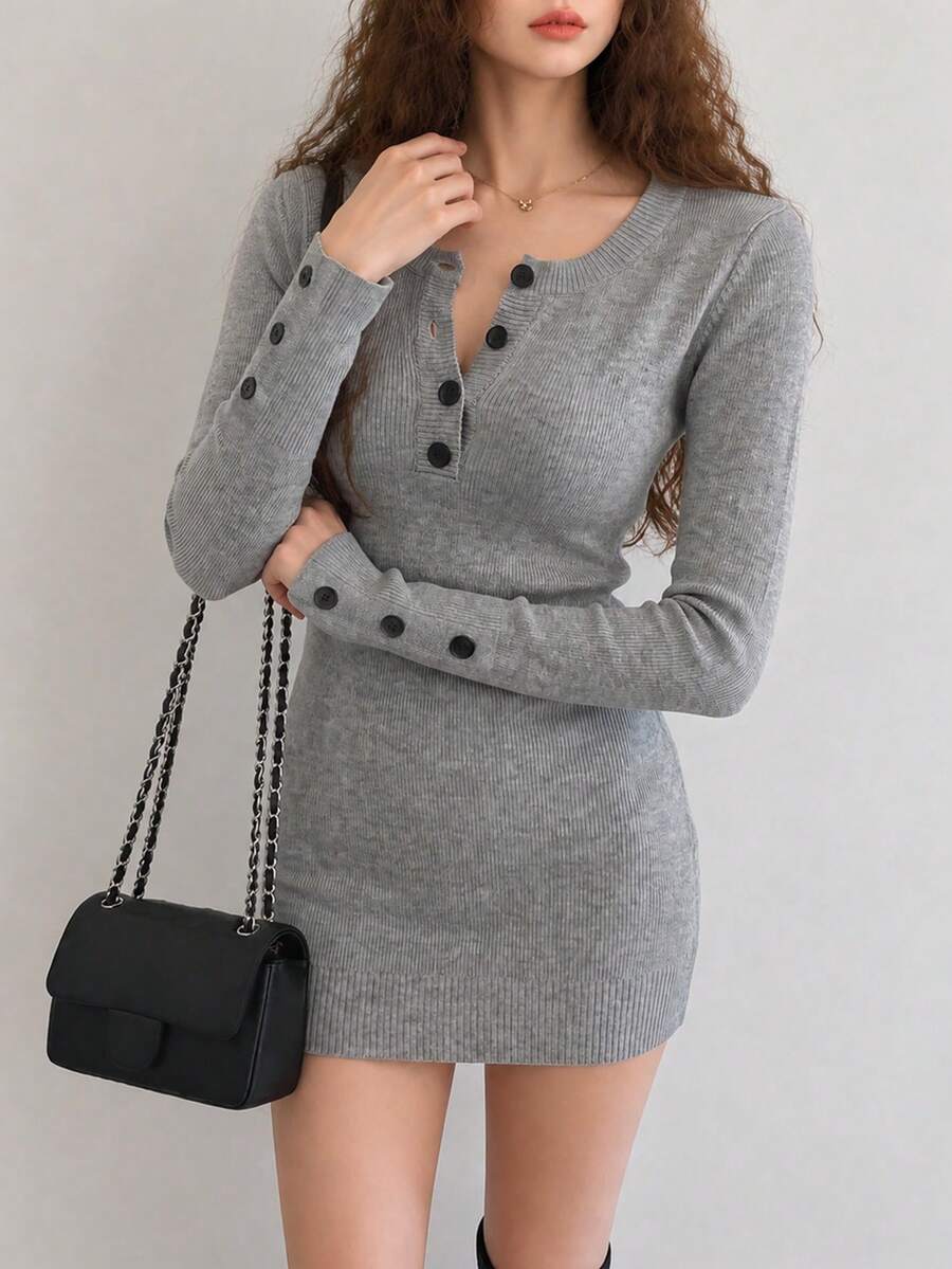 Women's Grey Knit Sweater Dress, Long Sleeve Slim Fit Short Pencil Skirt With Button Detail, Suitable For Autumn/Winter - Grey - View 1