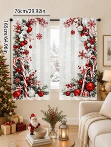 2Pcs White Background Snowy Christmas Red Candy Cane & Colorful Ball Pine Branch Print Pattern, Semi-Sheer Rod Pocket Holiday Window Curtains, Suitable For Living Room And Bedroom, Rod Not Included, Machine Washable - E - View 13