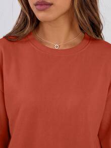 Speed mate Women's Oversized Drop Shoulder Sweatshirt - Solid Color Long Sleeve Crew Neck Pullover, Suitable For Autumn/Winter | Casual Loose Athletic Style Sweatshirt - Coral Orange - View 2
