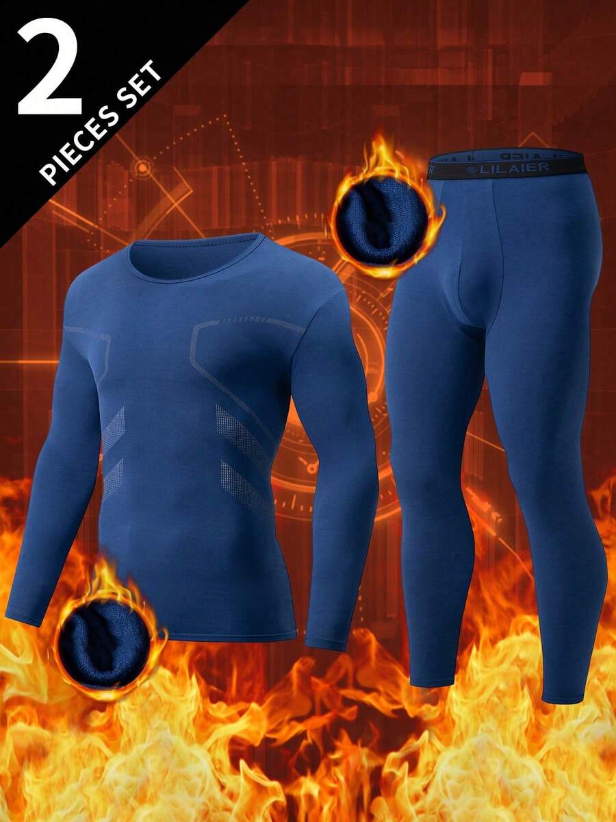2pcs Men's Thermal Underwear Set, Autumn/Winter Long Johns Shirt + Pants Adult Crew Neck Thermal Clothing Set - Blue - View 1