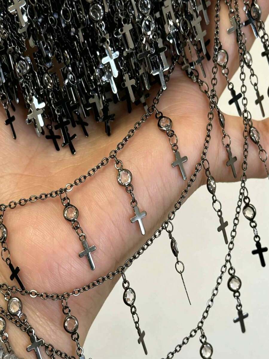1m Black Cross Glass Pendant Bead Chain, Exquisite Copper Chain, For Necklace Bracelet DIY Handmade Jewelry Making Materials - Multicolor - View 1