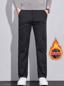 Autumn/Winter Men's Thermal Lined Thick Solid Color Pocket Warm Casual Tapered Long Pants - Black - View 2