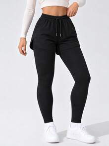 Women's 2-In-1 Sports Leggings With Shorts Layer, High Waist Drawstring, Black Full Length Active Pants. - Black - View 5