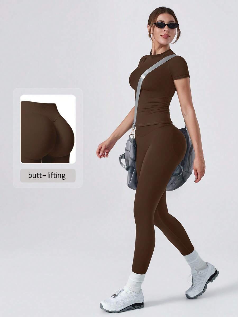 NcmRyu Women's One Set Solid Color Ribbed Seamless Crew Neck Short Sleeve Soft High Waist Ruched Athletic Tight Long Pants Set - Mocha Brown - View 1