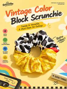 1pc Cartoon Patchwork Cow Print Yellow Plaid Large Scrunchie, Suitable For Daily Half-Up Hairstyle, Full Hairstyle, Party Outfit, Cosplay, Theme Party, Holiday Outfit - Multicolor - View 6