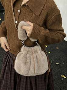 Handbag. Gentle Drawstring Closure Small Bag, Unique Plush Handheld Design, Detachable Hook Structure, Drawstring Opening For Easy Access To Items, Compact And Lightweight Body, Soft And Eye-Catching Style, Easily Create An Atmospheric Outfit. - Khaki - View 7