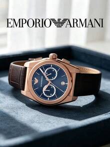 EMPORIO ARMANI Men's Quartz Watch, Rose Gold Case, Deep Blue Dial, Brown Leather Strap, Chronograph Business Watch - Blue - View 3