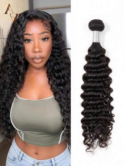 ARABELLA 1pc Deep Wave Hair Bundles 100% Human Hair 14-26 Inch Curly Bundles 12A Unprocessed Burmese Raw Hair Natural Black Color Weft Extensions Virgin Hair Deep Curly With Finger Coil Ends For Women