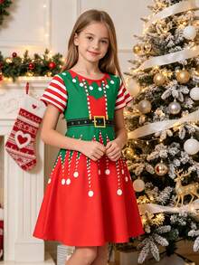 Girls' Elegant Casual Round Neck Cavalry Print Dress, Christmas, Party, Daily Wear - Multicolor - View 4