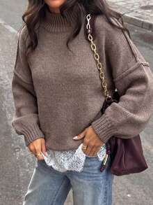 PoPoHouse Women's Autumn/Winter Loose Casual Commute Solid Color Turtleneck Long Sleeve Pullover Sweater - Brown - View 5