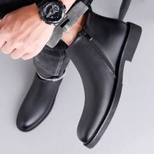 Men's Smooth Leather Ankle Boots Side Stitching Detail Heel Pull Tab Round Toe Low Block Heel Black Slip On Casual Business Daily Wear Shoes - Black - View 4