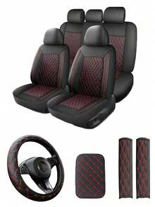 4/8/13pcs PU Leather Car Seat Covers Set, Includes Leather Steering Wheel Cover, Shoulder Pads And Armrest Pads - Multicolor - View 1
