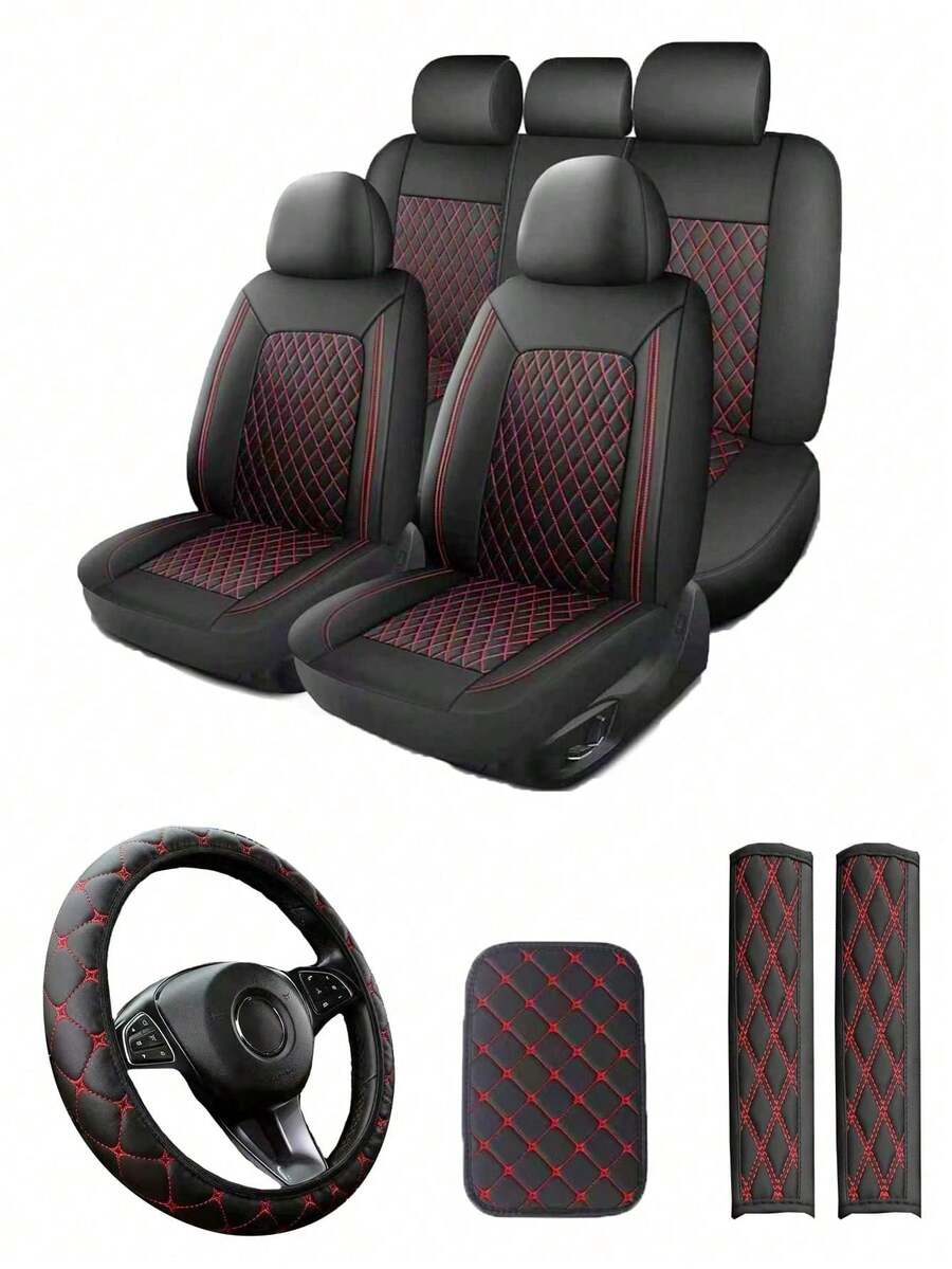4/8/13pcs PU Leather Car Seat Covers Set, Includes Leather Steering Wheel Cover, Shoulder Pads And Armrest Pads - Multicolor - View 1