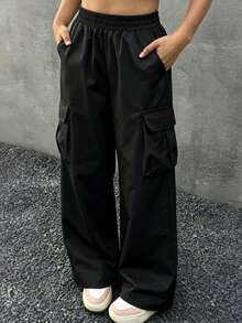 Tween Girl Street Style Wide Leg Cargo Pants, Multi-Pocket Elastic Waist School Uniform Long Pants - Black - View 2
