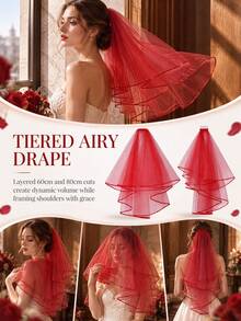 Bridal Veil, Women's Wedding Veil, Simple Tulle Church Style Veil, Suitable For Bachelorette Party And Pre-Wedding Bachelorette Party W-V-1 - Red - View 2