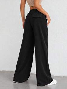 Women Black Ribbed Wide Leg Pants Elastic Drawstring Waist Relaxed Fit Casual Lounge Trousers For Everyday Wear. - Black - View 3
