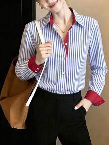 Fashion Plus Size Long Sleeve Button-Up Shirt, Red Lining And Cuffs, Regular Fit, Asymmetrical Hem, Modern Style - Blue - View 3